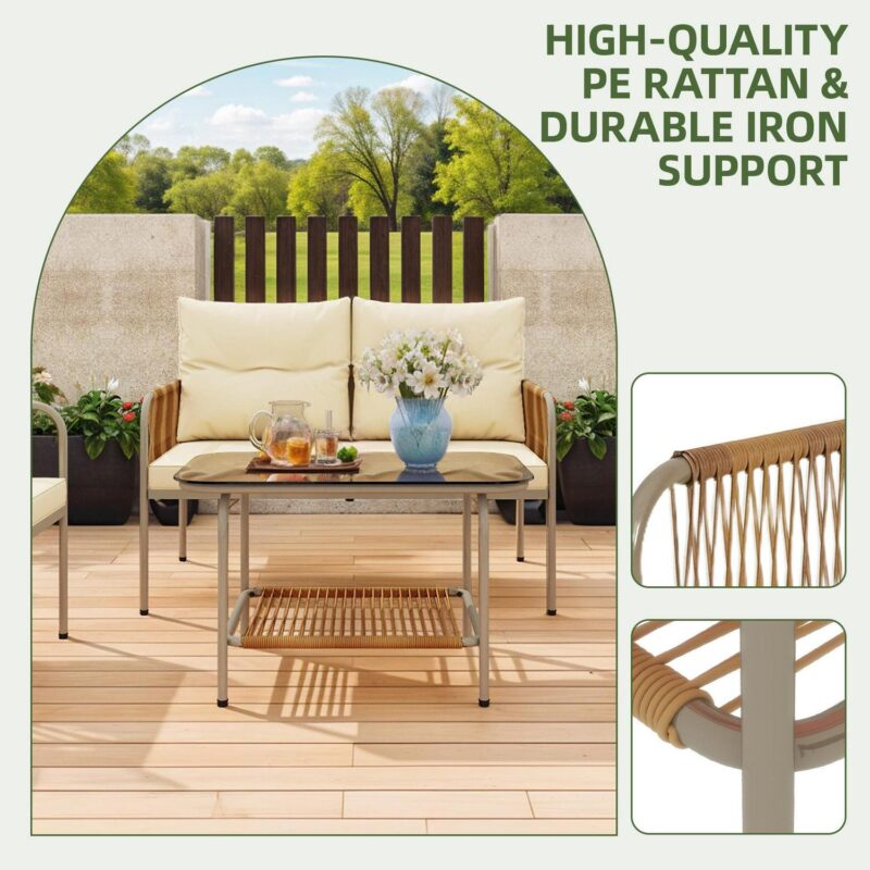 Uforic 4-Piece Outdoor Patio Furniture Set with Wicker Loveseat, Coffee Table, and Cushions - All-Weather Rattan Bistro Set for Backyard, Balcony, Deck - Beige - Image 7