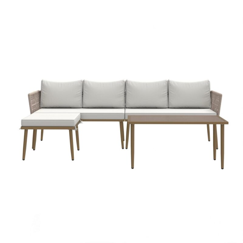 Uforic 4-Piece Outdoor Woven Rope Sectional Sofa Set Patio Furniture Conversation Set, Patio Loveseat with Ottoman and Side Table - Beige - Image 4