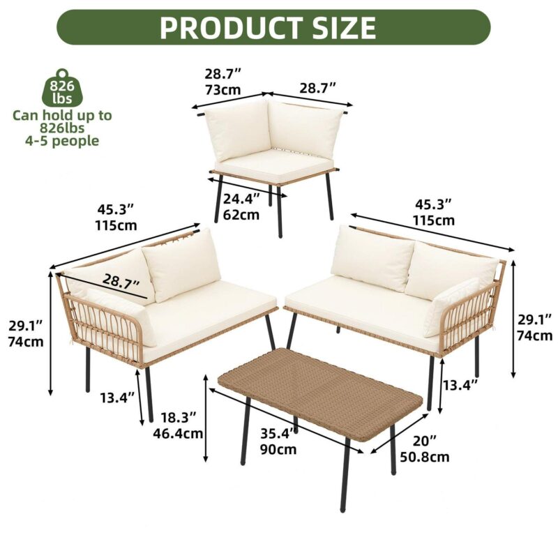 Uforic 4 Pieces Patio Conversation Set,Wicker Outdoor Furniture Set, All-Weather PE Rattan Sectional L-Shaped Sofa with Coffee Table - Beige - Image 4