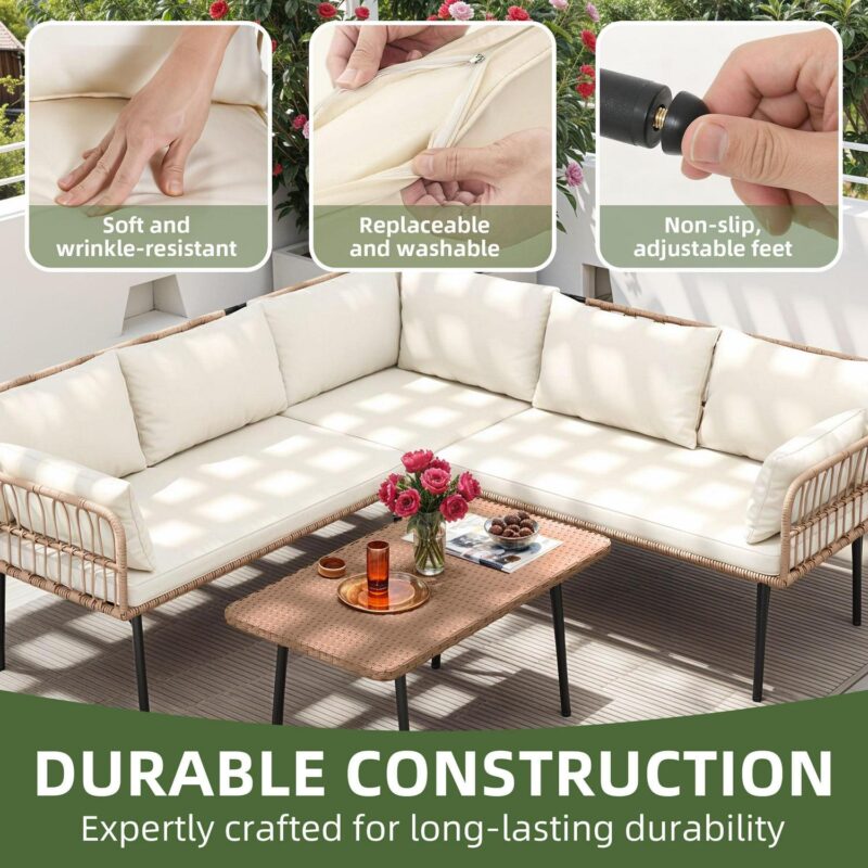 Uforic 4 Pieces Patio Conversation Set,Wicker Outdoor Furniture Set, All-Weather PE Rattan Sectional L-Shaped Sofa with Coffee Table - Beige - Image 6