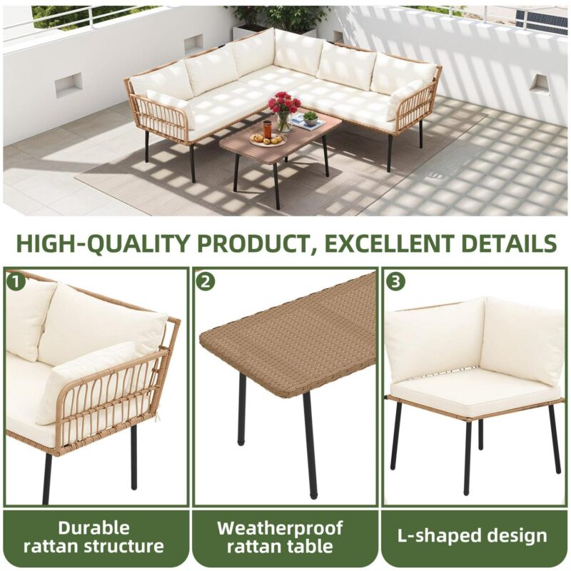 Uforic 4 Pieces Patio Conversation Set,Wicker Outdoor Furniture Set, All-Weather PE Rattan Sectional L-Shaped Sofa with Coffee Table - Beige - Image 5