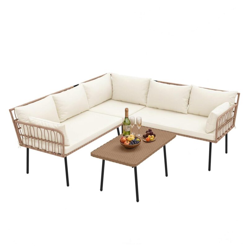 Uforic 4 Pieces Patio Conversation Set,Wicker Outdoor Furniture Set, All-Weather PE Rattan Sectional L-Shaped Sofa with Coffee Table - Beige - Image 3