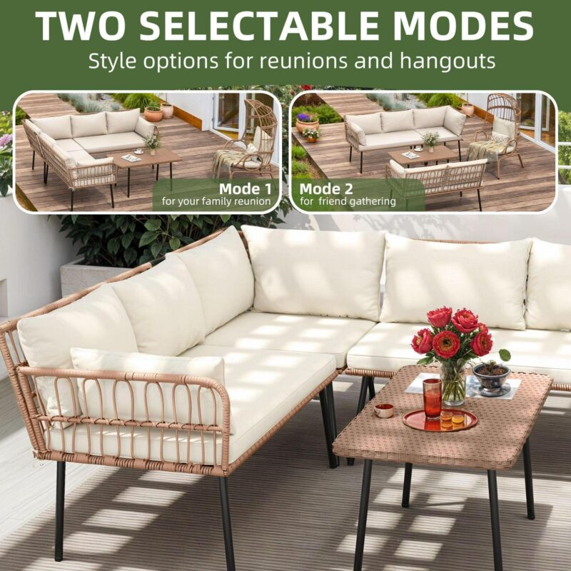 Uforic 4 Pieces Patio Conversation Set,Wicker Outdoor Furniture Set, All-Weather PE Rattan Sectional L-Shaped Sofa with Coffee Table - Beige - Image 7
