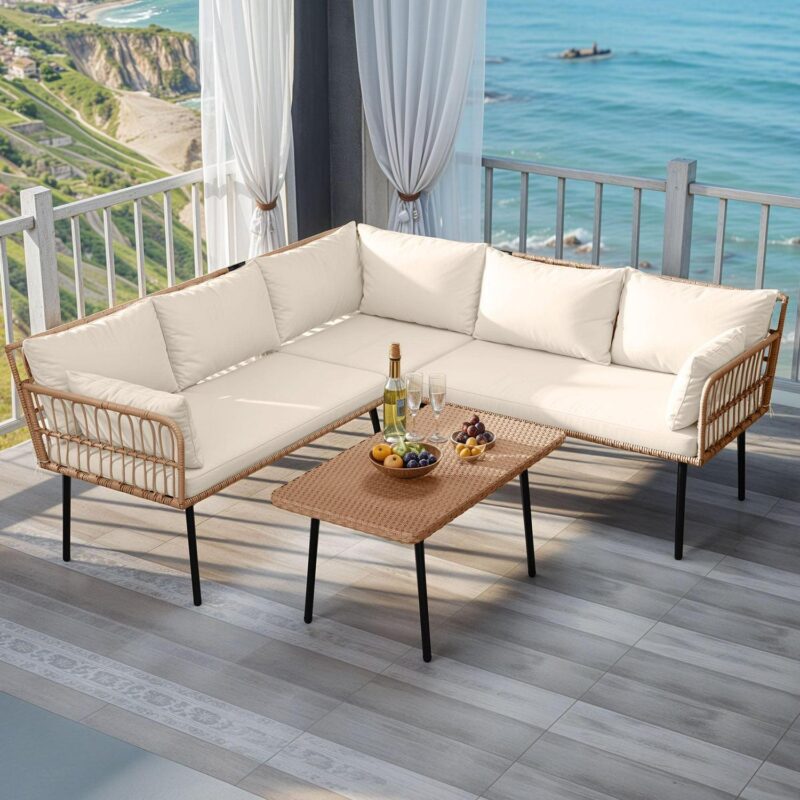 Uforic 4 Pieces Patio Conversation Set,Wicker Outdoor Furniture Set, All-Weather PE Rattan Sectional L-Shaped Sofa with Coffee Table - Beige - Image 2
