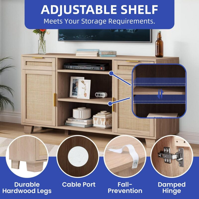 Uforic 58  Wicker Television Stands with 2 Shelves for 55-65 inch TVs, Customizable Shelf Height - Image 3