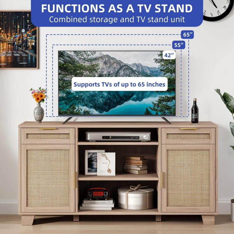 Uforic 58  Wicker Television Stands with 2 Shelves for 55-65 inch TVs, Customizable Shelf Height - Image 4