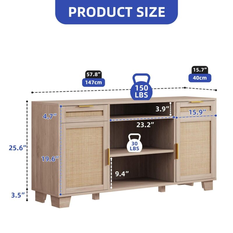 Uforic 58  Wicker Television Stands with 2 Shelves for 55-65 inch TVs, Customizable Shelf Height - Image 5