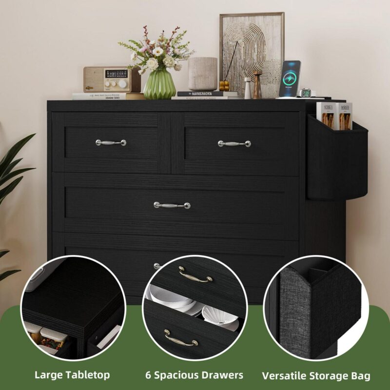 Uforic 5-Drawer Vertical Dresser Chest of Drawer with Power Outlets, Black - Image 3