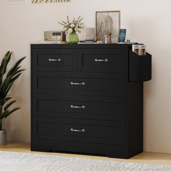 Uforic 5-Drawer Vertical Dresser Chest of Drawer with Power Outlets, Black