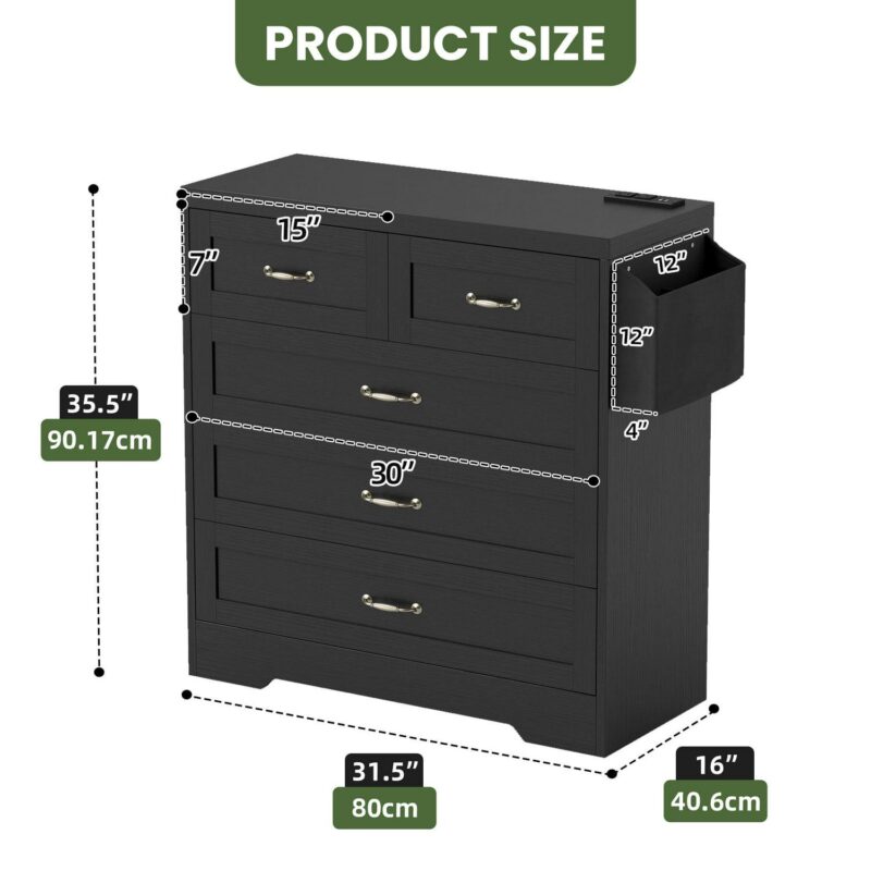 Uforic 5-Drawer Vertical Dresser Chest of Drawer with Power Outlets, Black - Image 4
