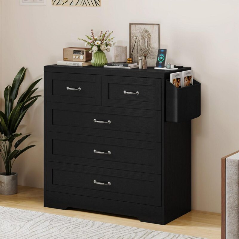 Uforic 5-Drawer Vertical Dresser Chest of Drawer with Power Outlets, Black - Image 8