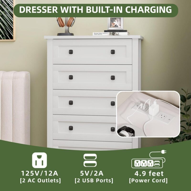 Uforic 5 Drawers Wood Dresser for Bedroom,Farmhouse Rustic Tall Chest of Drawers,with Power Outlets - Image 3