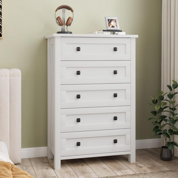 Uforic 5 Drawers Wood Dresser for Bedroom,Farmhouse Rustic Tall Chest of Drawers,with Power Outlets