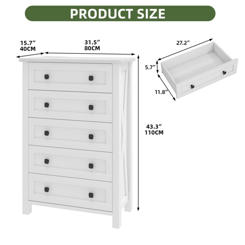 Uforic 5 Drawers Wood Dresser for Bedroom,Farmhouse Rustic Tall Chest of Drawers,with Power Outlets - Image 5