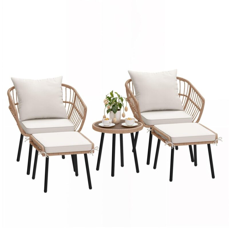 Uforic 5 Piece Patio Bistro Set with Ottoman, Outdoor Wicker Apartment Balcony Furniture Sets, Rattan Table and Chairs Set of 2 for Porch Backyard Lawn Poolside Deck (Beige) - Image 3