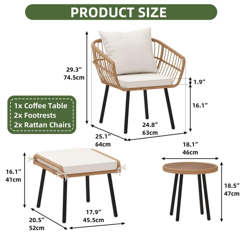 Uforic 5 Piece Patio Bistro Set with Ottoman, Outdoor Wicker Apartment Balcony Furniture Sets, Rattan Table and Chairs Set of 2 for Porch Backyard Lawn Poolside Deck (Beige) - Image 7