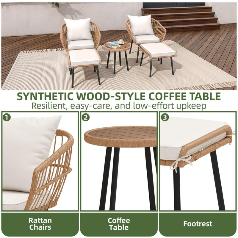 Uforic 5 Piece Patio Bistro Set with Ottoman, Outdoor Wicker Apartment Balcony Furniture Sets, Rattan Table and Chairs Set of 2 for Porch Backyard Lawn Poolside Deck (Beige) - Image 8