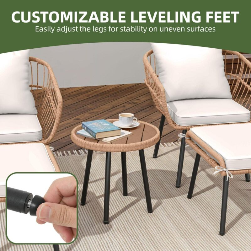 Uforic 5 Piece Patio Bistro Set with Ottoman, Outdoor Wicker Apartment Balcony Furniture Sets, Rattan Table and Chairs Set of 2 for Porch Backyard Lawn Poolside Deck (Beige) - Image 10