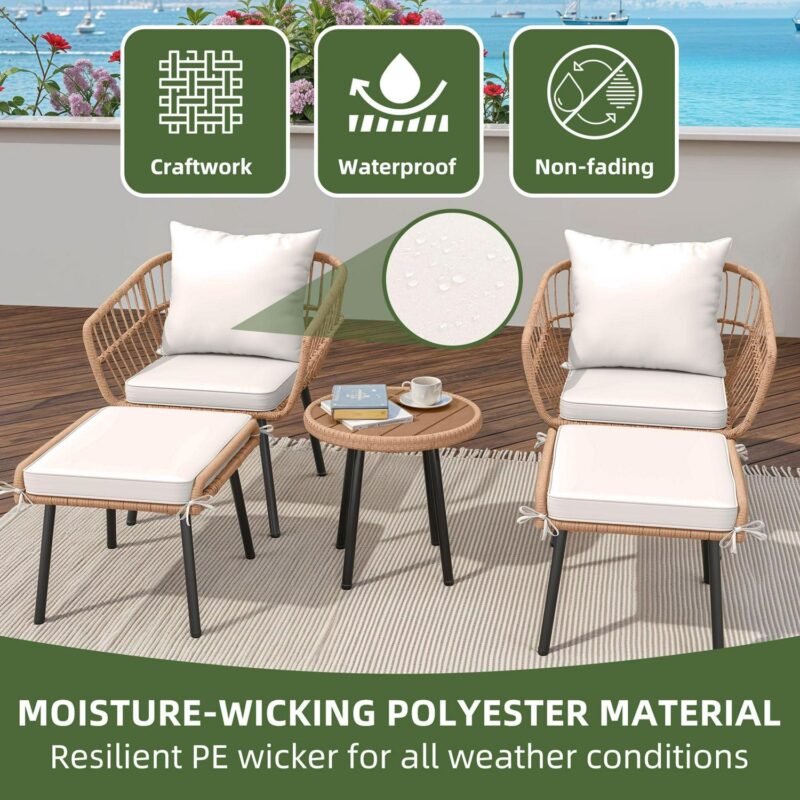 Uforic 5 Piece Patio Bistro Set with Ottoman, Outdoor Wicker Apartment Balcony Furniture Sets, Rattan Table and Chairs Set of 2 for Porch Backyard Lawn Poolside Deck (Beige) - Image 9