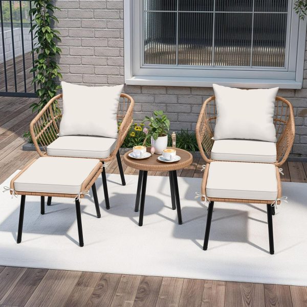 Uforic 5 Piece Patio Bistro Set with Ottoman, Outdoor Wicker Apartment Balcony Furniture Sets, Rattan Table and Chairs Set of 2 for Porch Backyard Lawn Poolside Deck (Beige)