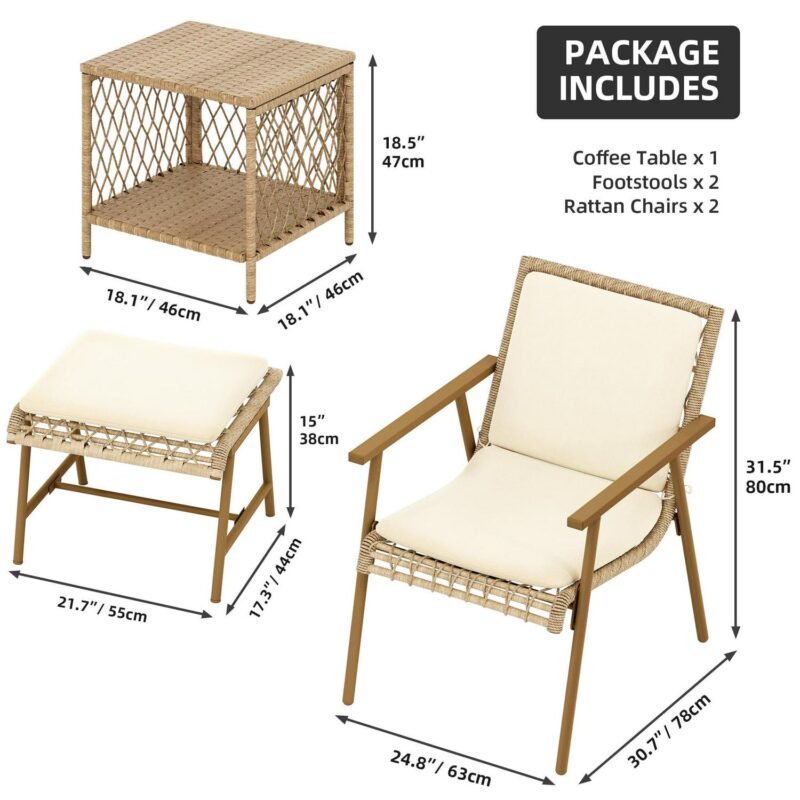 Uforic 5 Piece Rattan Wicker Patio Bistro Set,Outdoor Conversation Set with 2 Ottomans and Square Coffee Side Table,Patio Furniture for Yard and Garden - Beige - Image 4