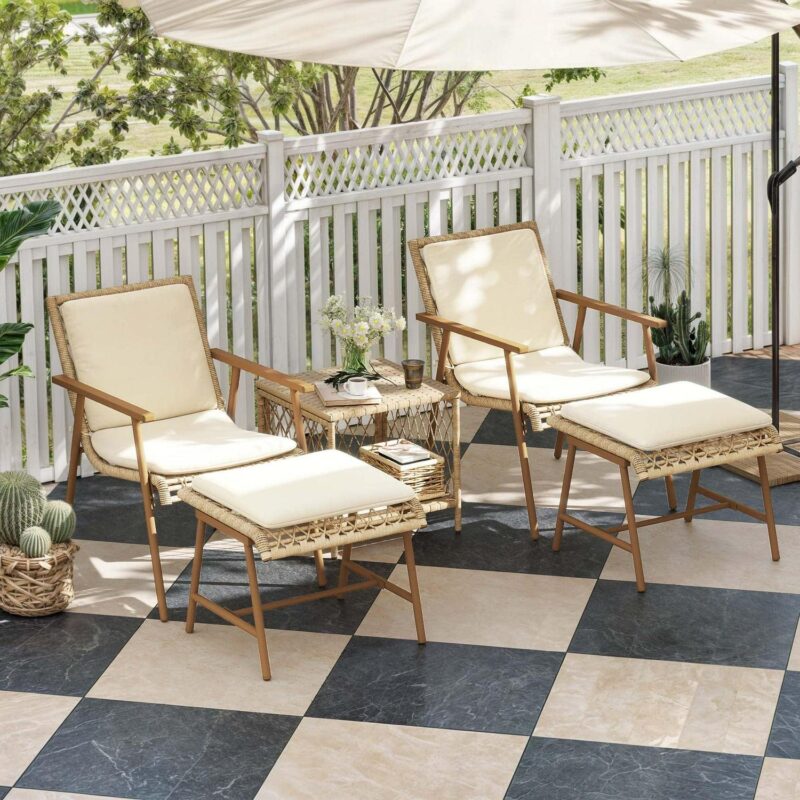Uforic 5 Piece Rattan Wicker Patio Bistro Set,Outdoor Conversation Set with 2 Ottomans and Square Coffee Side Table,Patio Furniture for Yard and Garden - Beige