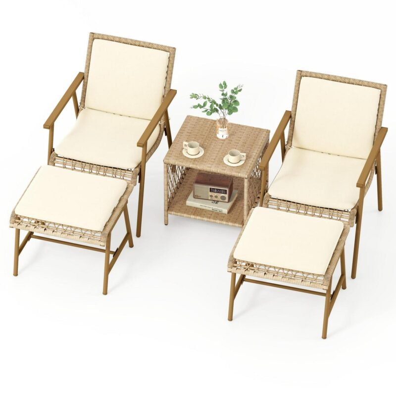 Uforic 5 Piece Rattan Wicker Patio Bistro Set,Outdoor Conversation Set with 2 Ottomans and Square Coffee Side Table,Patio Furniture for Yard and Garden - Beige - Image 2