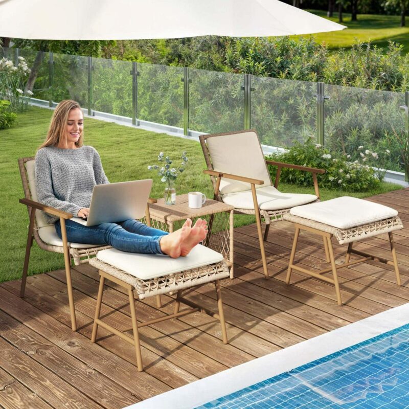 Uforic 5 Piece Rattan Wicker Patio Bistro Set,Outdoor Conversation Set with 2 Ottomans and Square Coffee Side Table,Patio Furniture for Yard and Garden - Beige - Image 3