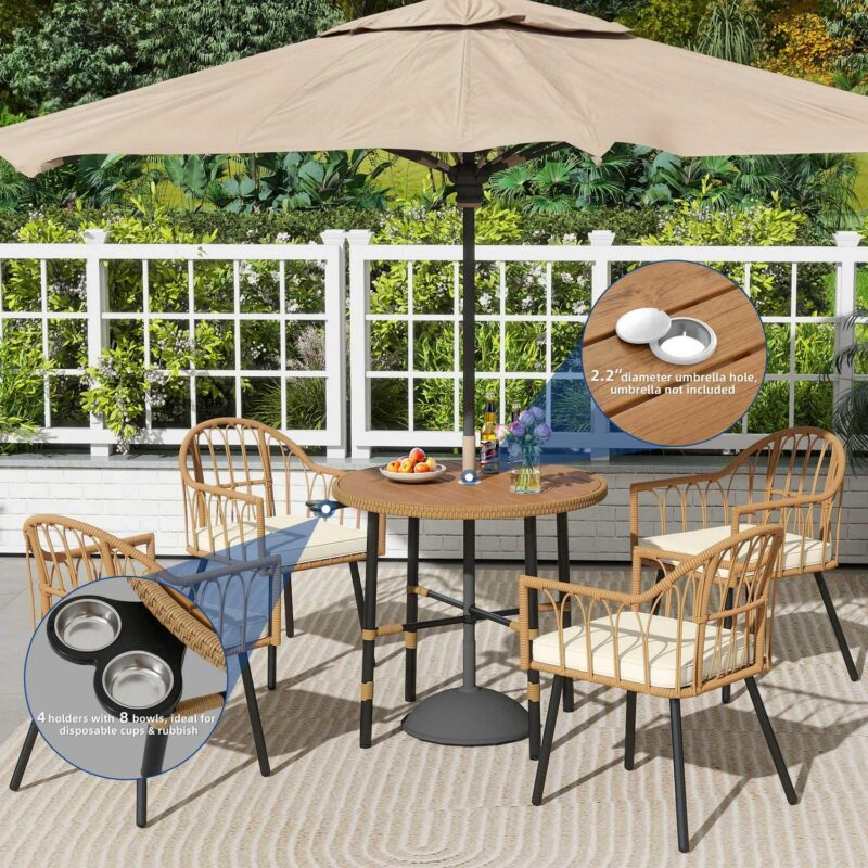 Uforic 5 Pieces Outdoor Patio Dining Table Set, 4 Rattan Wicker Dining Chair and ROUND Dining Table with Umbrella Hole for Garden, Lawn,Patios, Backyard - Image 4
