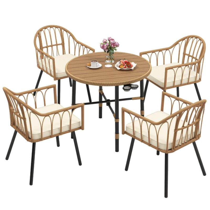 Uforic 5 Pieces Outdoor Patio Dining Table Set, 4 Rattan Wicker Dining Chair and ROUND Dining Table with Umbrella Hole for Garden, Lawn,Patios, Backyard - Image 3