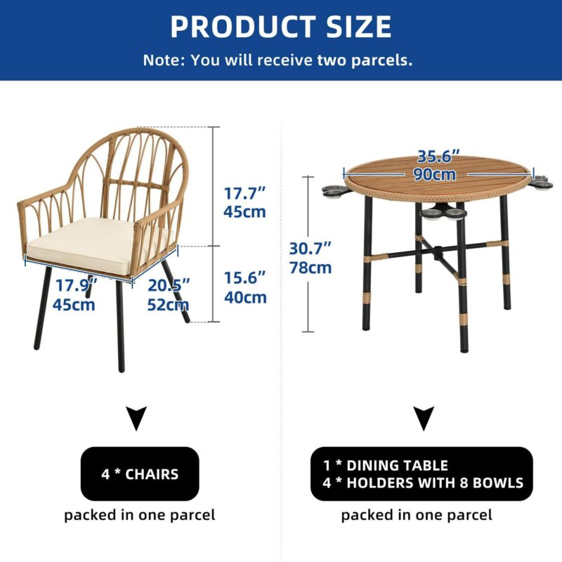 Uforic 5 Pieces Outdoor Patio Dining Table Set, 4 Rattan Wicker Dining Chair and ROUND Dining Table with Umbrella Hole for Garden, Lawn,Patios, Backyard - Image 8