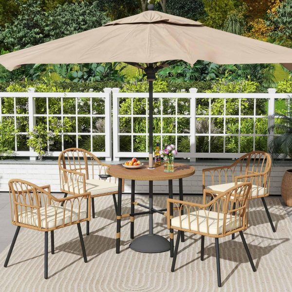 Uforic 5 Pieces Outdoor Patio Dining Table Set, 4 Rattan Wicker Dining Chair and ROUND Dining Table with Umbrella Hole for Garden, Lawn,Patios, Backyard