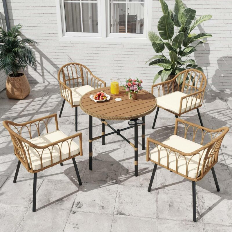 Uforic 5 Pieces Outdoor Patio Dining Table Set, 4 Rattan Wicker Dining Chair and ROUND Dining Table with Umbrella Hole for Garden, Lawn,Patios, Backyard - Image 2
