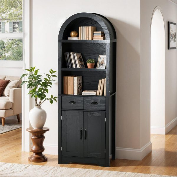 Uforic 67.7  Arched Bookcase with 2 Doors and 2 Drawers, Wood Tall Bookshelf with Storage, Black