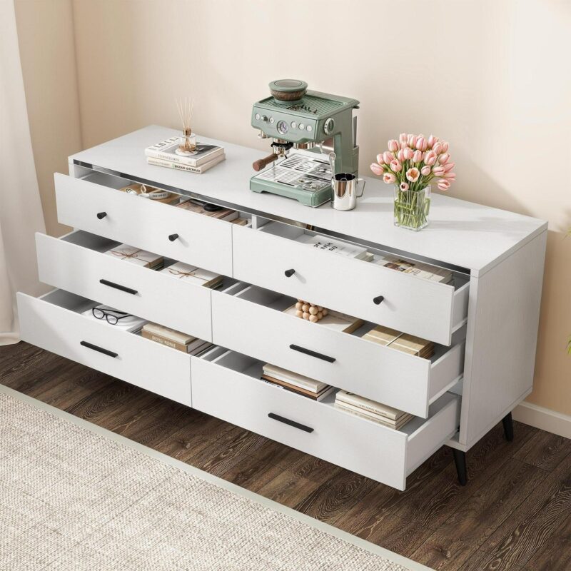 Uforic 6-Drawer Double Wood Dresser Storage Cabinet, Chest of Drawers for Bedroom, White