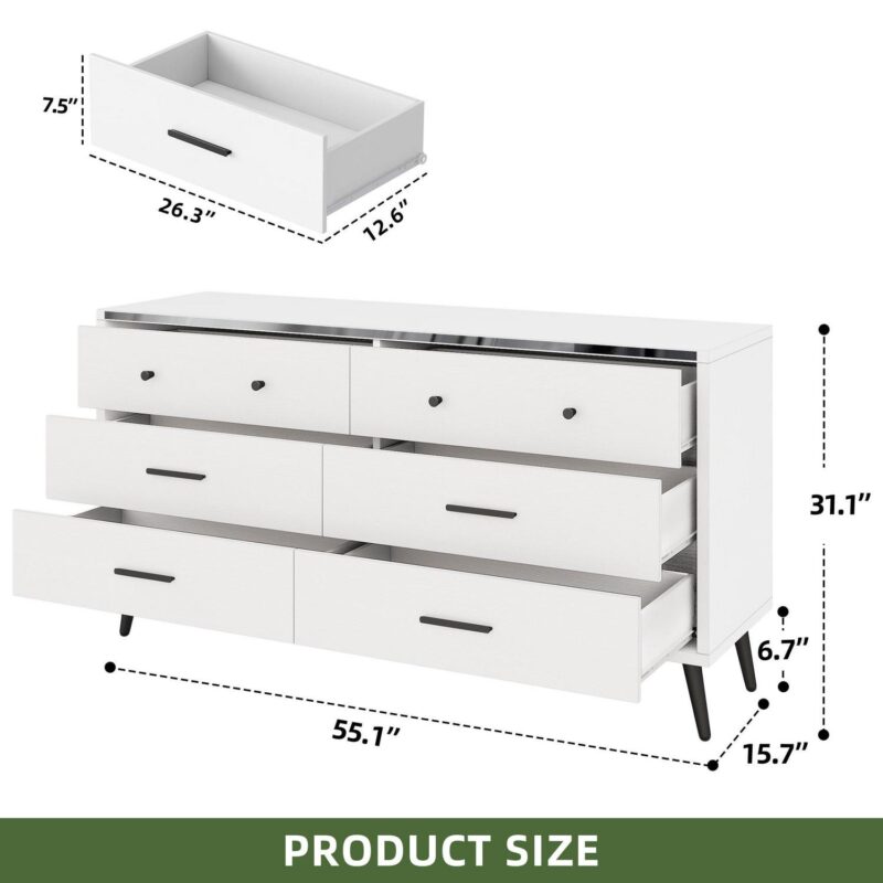 Uforic 6-Drawer Double Wood Dresser Storage Cabinet, Chest of Drawers for Bedroom, White - Image 4