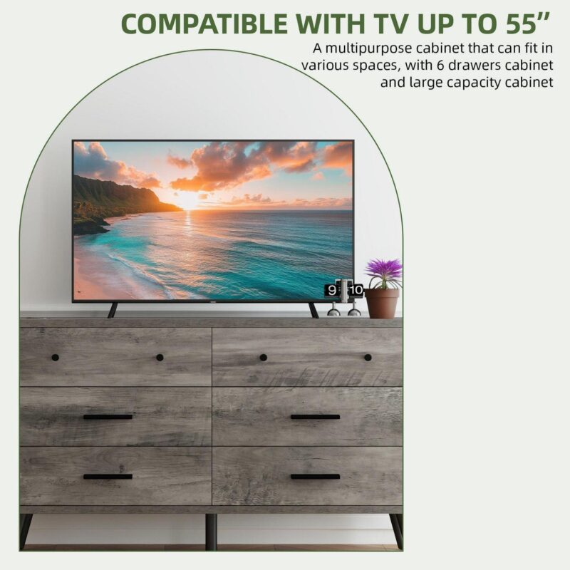Uforic 6-Drawer Horizontal Dresser for Bedroom, Wood Chest of Drawers, Gray - Image 2