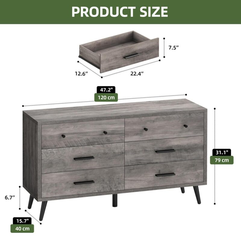 Uforic 6-Drawer Horizontal Dresser for Bedroom, Wood Chest of Drawers, Gray - Image 4