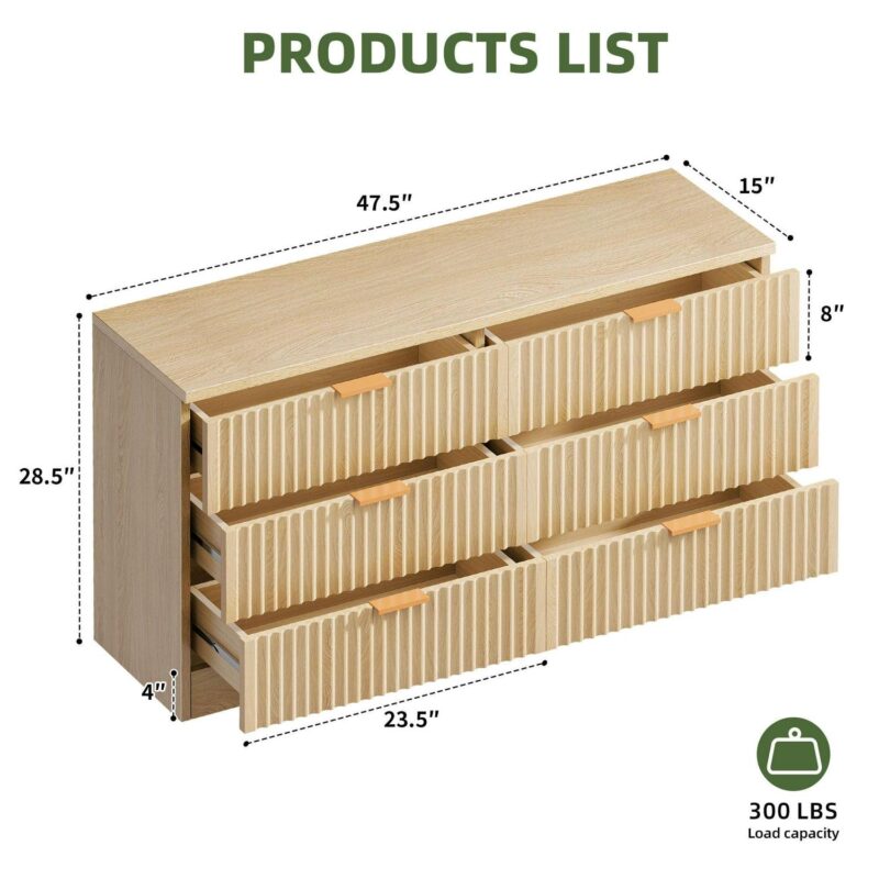 Uforic 6 Drawers Fluted Double Dresser, MDF Chest of Drawer Storage Cabinet, Natural - Image 4