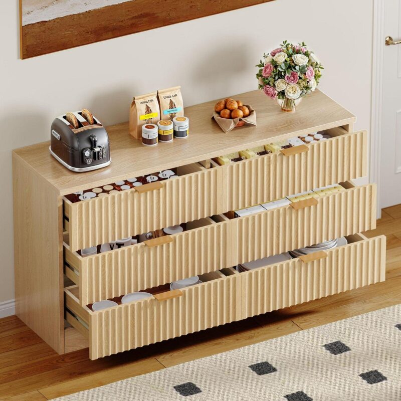 Uforic 6 Drawers Fluted Double Dresser, MDF Chest of Drawer Storage Cabinet, Natural - Image 8