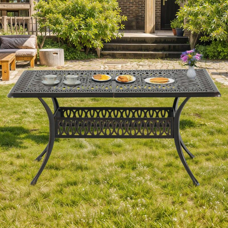 Uforic 6-Person Outdoor Rectangular Cast Aluminum Dining Table with Umbrella Hole, All-Weather Resistance, Black - Image 3
