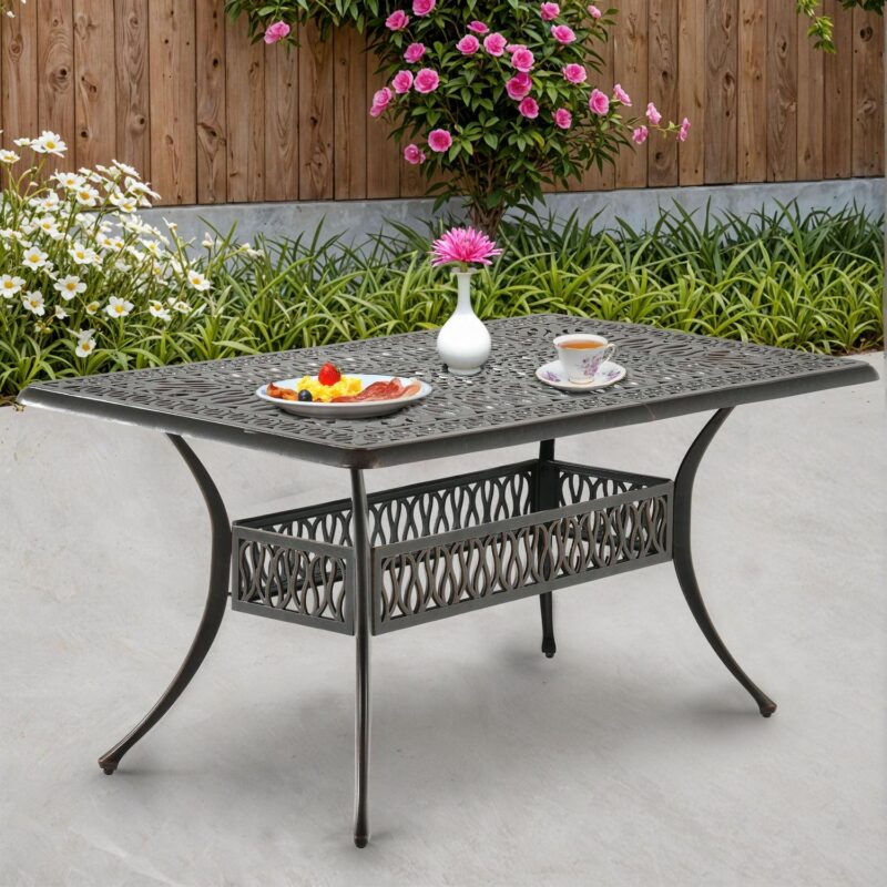 Uforic 6-Person Outdoor Rectangular Cast Aluminum Dining Table with Umbrella Hole, All-Weather Resistance, Black - Image 2