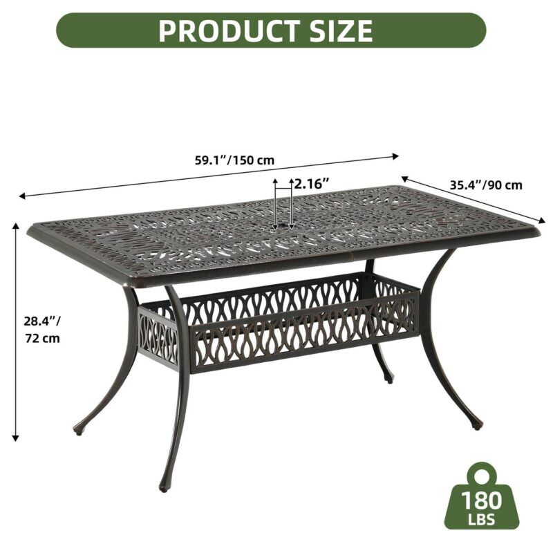 Uforic 6-Person Outdoor Rectangular Cast Aluminum Dining Table with Umbrella Hole, All-Weather Resistance, Black - Image 4