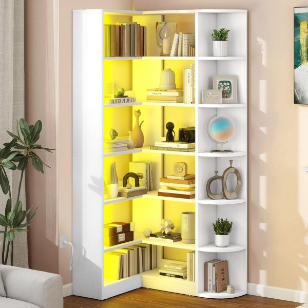Uforic 6 Tier Bookshelf with LED Light, 70.8   Modern White Bookcase, L-Shaped Bookcase Corner shelf Storage Organizer Display Shelf for Home Office, Living Room,Bedroom