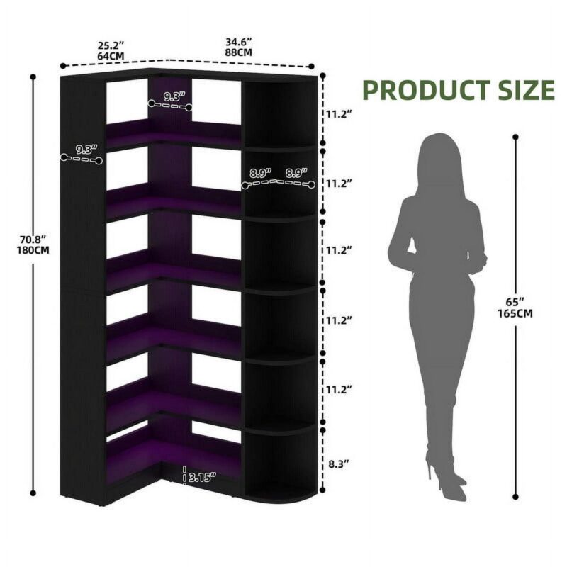 Uforic 6 Tier Bookshelf with LED Light, 70.8   Modern Bookcase, L-Shaped Bookcase Corner shelf Storage Organizer Display Shelf for Home Office, Living Room,Bedroom, Black - Image 3