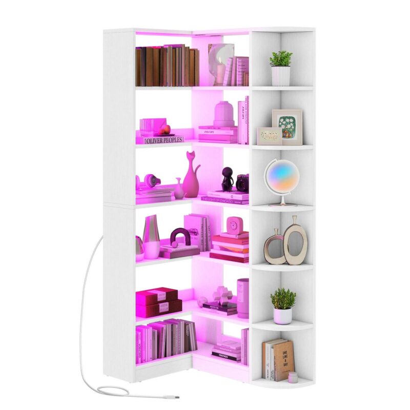 Uforic 6 Tier Bookshelf with LED Light, 70.8   Modern White Bookcase, L-Shaped Bookcase Corner shelf Storage Organizer Display Shelf for Home Office, Living Room,Bedroom - Image 7