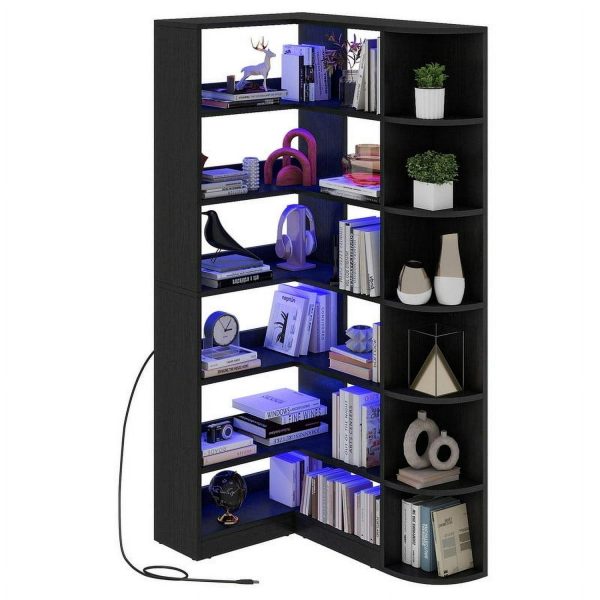 Uforic 6 Tier Bookshelf with LED Light, 70.8   Modern Bookcase, L-Shaped Bookcase Corner shelf Storage Organizer Display Shelf for Home Office, Living Room,Bedroom, Black