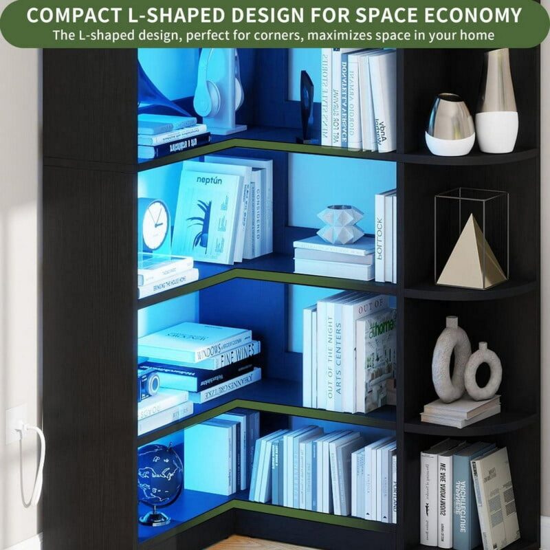Uforic 6 Tier Bookshelf with LED Light, 70.8   Modern Bookcase, L-Shaped Bookcase Corner shelf Storage Organizer Display Shelf for Home Office, Living Room,Bedroom, Black - Image 4