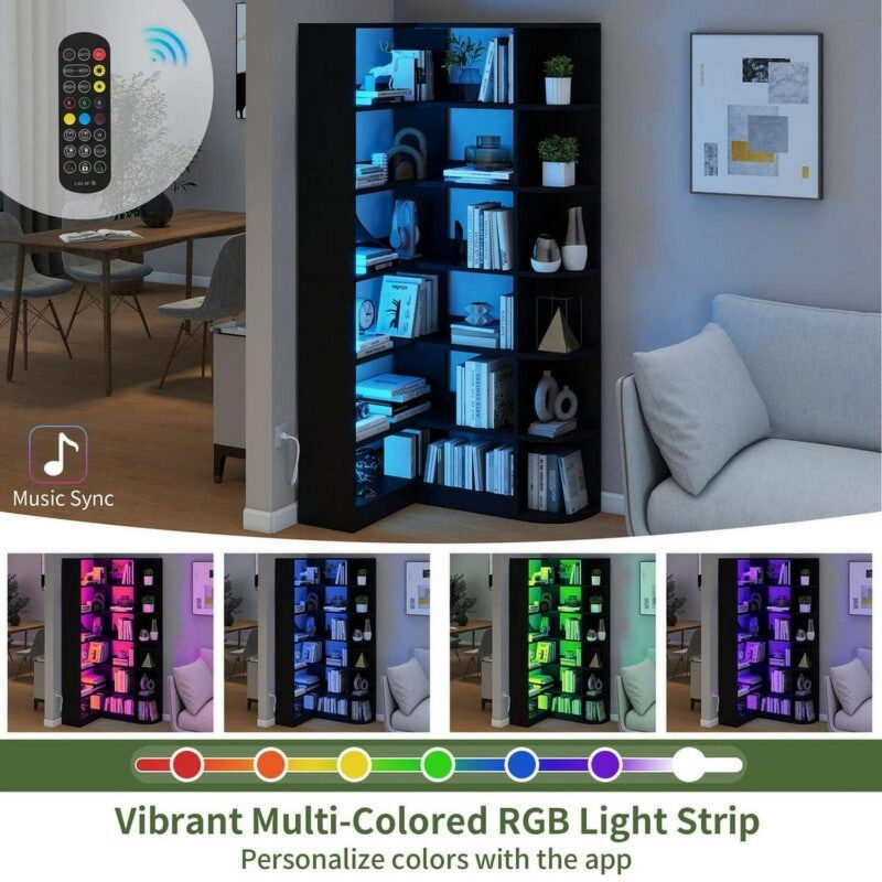 Uforic 6 Tier Bookshelf with LED Light, 70.8   Modern Bookcase, L-Shaped Bookcase Corner shelf Storage Organizer Display Shelf for Home Office, Living Room,Bedroom, Black - Image 5