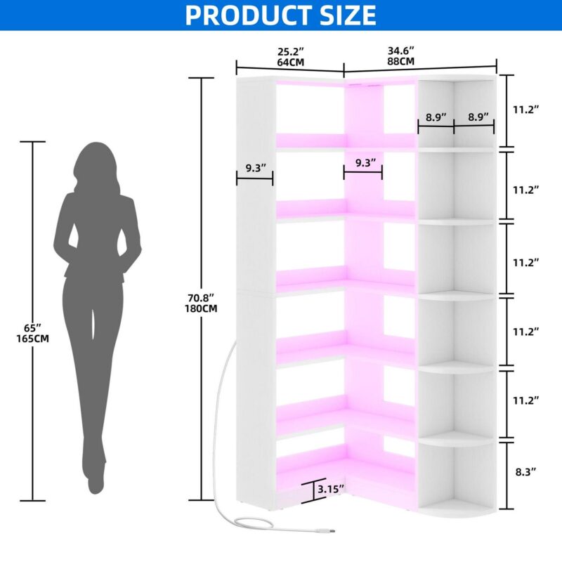 Uforic 6 Tier Bookshelf with LED Light, 70.8   Modern White Bookcase, L-Shaped Bookcase Corner shelf Storage Organizer Display Shelf for Home Office, Living Room,Bedroom - Image 3
